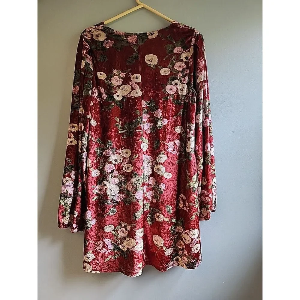 Loveriche Womens‎ L Floral Boho Faux Velvet LD42500 Wine Mix Dress